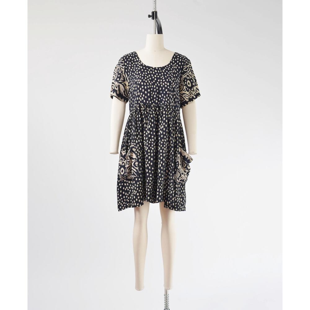 Vintage 90s Black Beige Polka Dot Boho Babydoll Dress with Pockets size S M - Picture 2 of 8